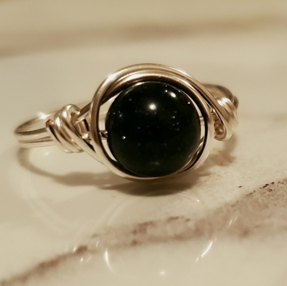 Blue Goldstone Silver Wire Wrapped Ring